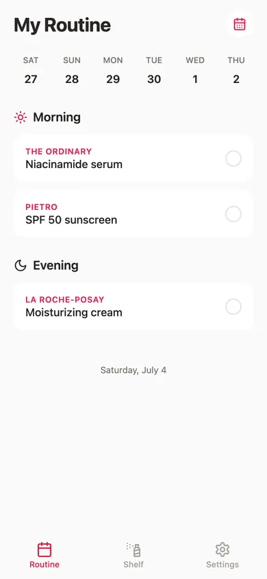 Cera app: today's routine calendar in light and dark theme