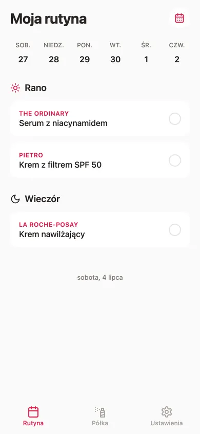 Aplikacja Cera: kalendarz rutyny na dziś, jasny i ciemny motyw