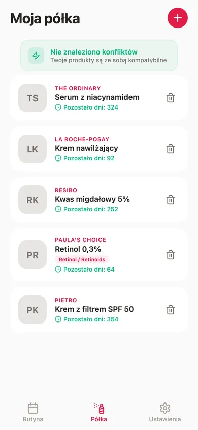 Ekran półki z kosmetykami i datami ważności